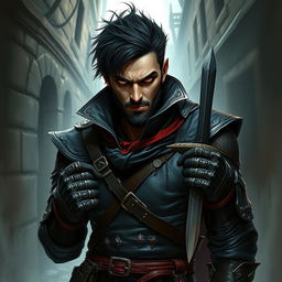 An evil fantasy male rogue stands with a sinister expression