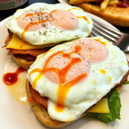 A delicious and savory meal featuring two servings of gourmet fried egg sandwiches