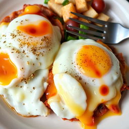 A delicious and savory meal featuring two servings of gourmet fried eggs