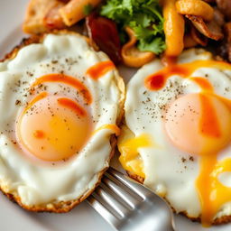 A delicious and savory meal featuring two servings of gourmet fried eggs