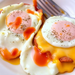 A delicious and savory meal featuring two servings of gourmet fried eggs