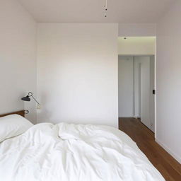 Small bedroom with white walls, white bedding, and minimalistic decor