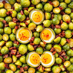 A delicious and vibrant dish of roasted Brussels sprouts and bacon bits, perfectly arranged on a baking sheet