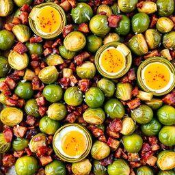 A delicious and vibrant dish of roasted Brussels sprouts and bacon bits, perfectly arranged on a baking sheet