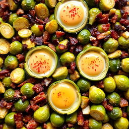 A delicious and vibrant dish of roasted Brussels sprouts and bacon bits, perfectly arranged on a baking sheet