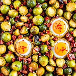 A delicious and vibrant dish of roasted Brussels sprouts and bacon bits, perfectly arranged on a baking sheet