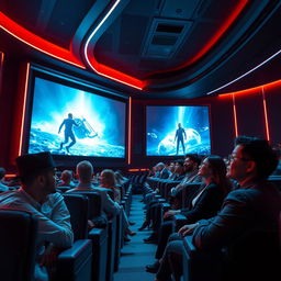 A captivating image of a futuristic cinema, showcasing the revolutionary impact on the seventh art with advanced holographic displays and immersive sound technologies