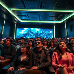 A captivating image of a futuristic cinema, showcasing the revolutionary impact on the seventh art with advanced holographic displays and immersive sound technologies