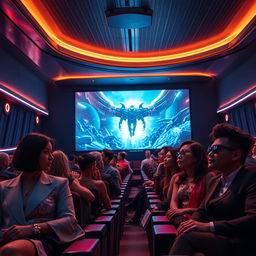 A captivating image of a futuristic cinema, showcasing the revolutionary impact on the seventh art with advanced holographic displays and immersive sound technologies