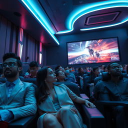 A captivating image of a futuristic cinema, showcasing the revolutionary impact on the seventh art with advanced holographic displays and immersive sound technologies