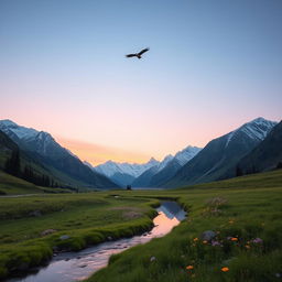 A serene mountain landscape at dawn, with a gentle river winding through a lush green meadow