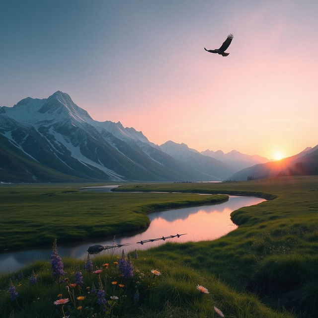 A serene mountain landscape at dawn, with a gentle river winding through a lush green meadow