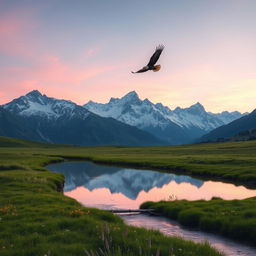 A serene mountain landscape at dawn, with a gentle river winding through a lush green meadow