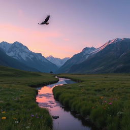 A serene mountain landscape at dawn, with a gentle river winding through a lush green meadow