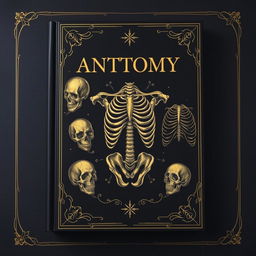 A dark fantasy anatomy book cover with a black background accentuated by elegant traces of gold