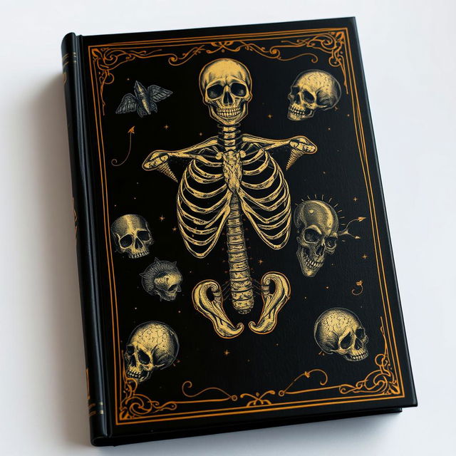 A dark fantasy anatomy book cover with a black background accentuated by elegant traces of gold