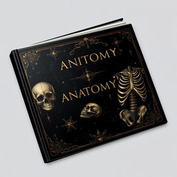 A dark fantasy anatomy book cover with a black background accentuated by elegant traces of gold