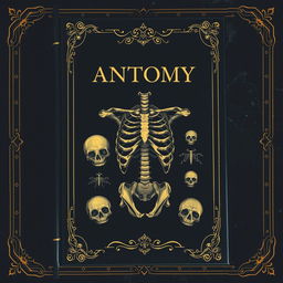 A dark fantasy anatomy book cover with a black background accentuated by elegant traces of gold