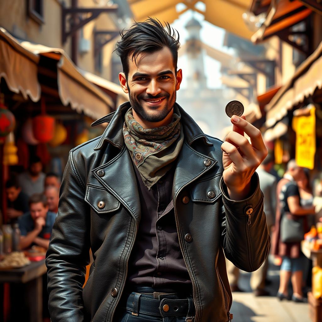 A charismatic scoundrel standing amidst a bustling medieval market