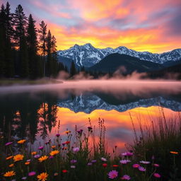 A serene landscape featuring a tranquil lake with a reflection of towering pine trees and majestic snow-capped mountains in the background