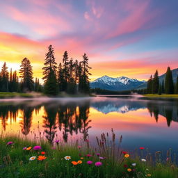 A serene landscape featuring a tranquil lake with a reflection of towering pine trees and majestic snow-capped mountains in the background