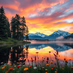 A serene landscape featuring a tranquil lake with a reflection of towering pine trees and majestic snow-capped mountains in the background