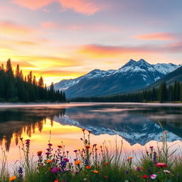 A serene landscape featuring a tranquil lake with a reflection of towering pine trees and majestic snow-capped mountains in the background