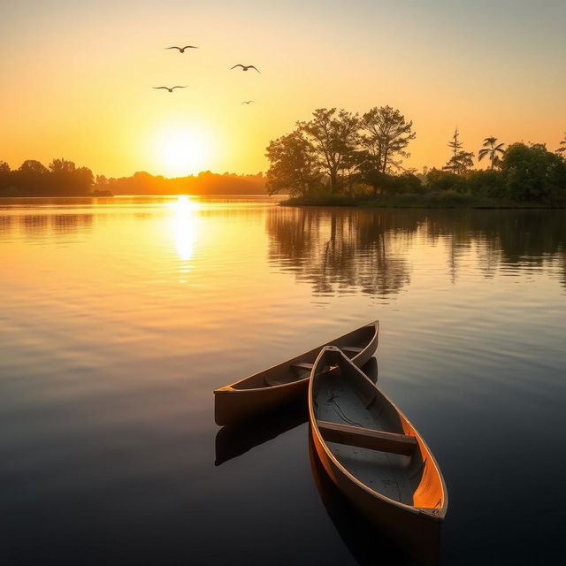 A serene lakeside scene during sunrise, with warm golden sunlight reflecting on the calm water