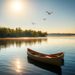 A serene lakeside scene during sunrise, with warm golden sunlight reflecting on the calm water