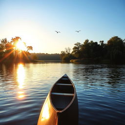 A serene lakeside scene during sunrise, with warm golden sunlight reflecting on the calm water