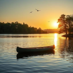 A serene lakeside scene during sunrise, with warm golden sunlight reflecting on the calm water