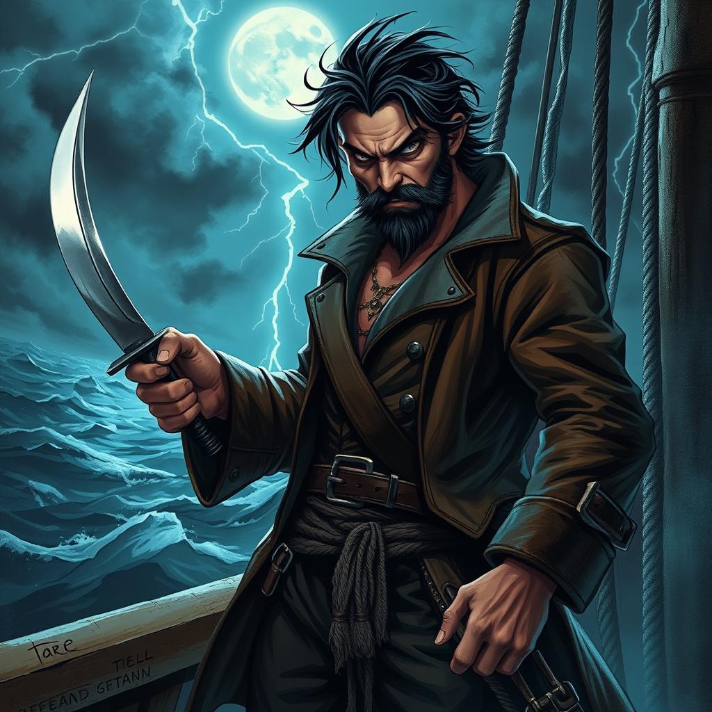 An evil male fantasy pirate stands menacingly, his short black hair tousled by sea breezes, and his pointy beard adding to his treacherous look