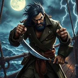 An evil male fantasy pirate stands menacingly, his short black hair tousled by sea breezes, and his pointy beard adding to his treacherous look