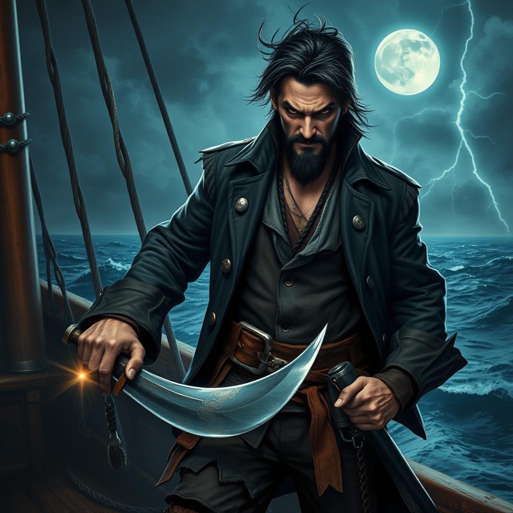 An evil male fantasy pirate stands menacingly, his short black hair tousled by sea breezes, and his pointy beard adding to his treacherous look