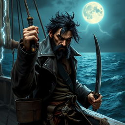 An evil male fantasy pirate stands menacingly, his short black hair tousled by sea breezes, and his pointy beard adding to his treacherous look