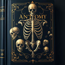 A dark fantasy-inspired anatomy book cover boasting a deep black background embellished with elegant traces of gold