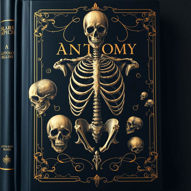 A dark fantasy-inspired anatomy book cover boasting a deep black background embellished with elegant traces of gold