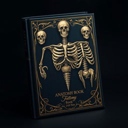 A dark fantasy-inspired anatomy book cover boasting a deep black background embellished with elegant traces of gold