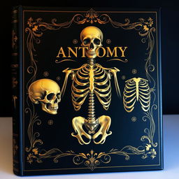 A dark fantasy-inspired anatomy book cover boasting a deep black background embellished with elegant traces of gold