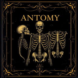 A dark fantasy-inspired anatomy book cover boasting a deep black background embellished with elegant traces of gold