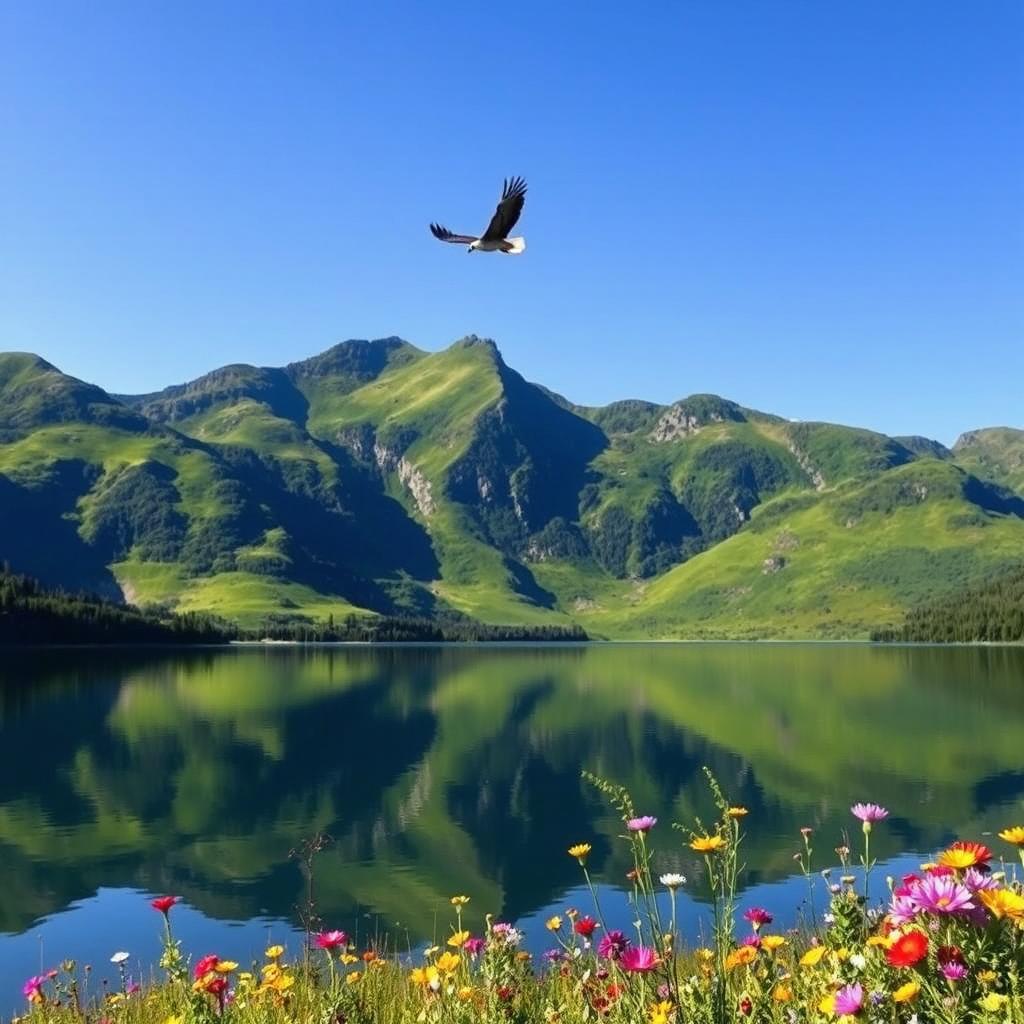 A beautiful landscape with lush green mountains and a clear blue sky