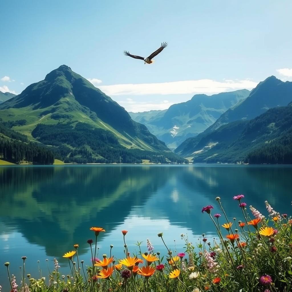 A beautiful landscape with lush green mountains and a clear blue sky