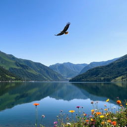 A beautiful landscape with lush green mountains and a clear blue sky