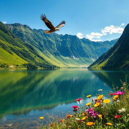 A beautiful landscape with lush green mountains and a clear blue sky