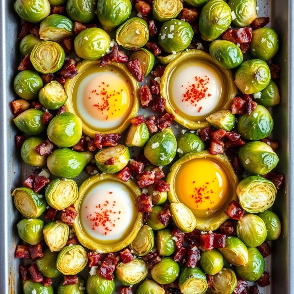 An enticing and vibrant dish of roasted Brussels sprouts and bacon bits, beautifully arranged on a baking sheet