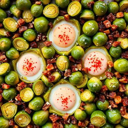 An enticing and vibrant dish of roasted Brussels sprouts and bacon bits, beautifully arranged on a baking sheet