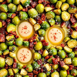 An enticing and vibrant dish of roasted Brussels sprouts and bacon bits, beautifully arranged on a baking sheet