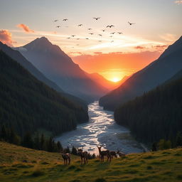 A majestic mountain landscape during sunrise, with a river flowing through the valley, surrounded by lush green forests