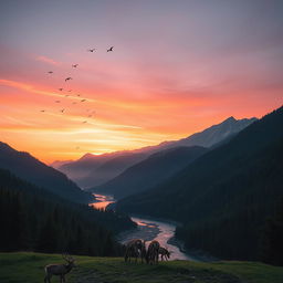 A majestic mountain landscape during sunrise, with a river flowing through the valley, surrounded by lush green forests