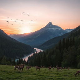 A majestic mountain landscape during sunrise, with a river flowing through the valley, surrounded by lush green forests